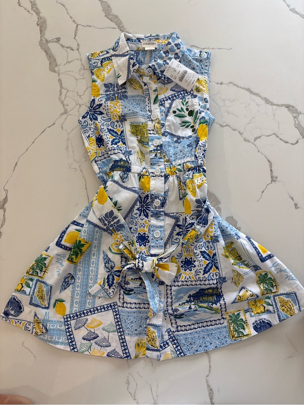 Crewcuts Blue & Yellow Lemon Patchwork Sleeveless Shirt Dress